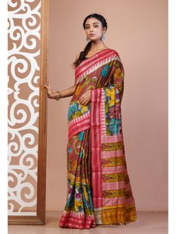 Unnati Silks - Rust Pure Handloom Floral Printed Vidarbha Tussar Silk Saree with Unstitched Blouse