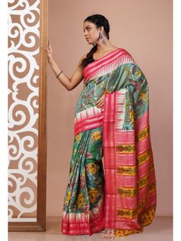 Unnati Silks - Green and Pink Pure Handloom Floral Printed Tussar Silk Saree with Unstitched Blouse