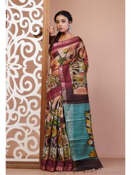 Unnati Silks - Multi-Color Handloom Floral Printed Vidarbha Tussar Silk Saree with Unstitched Blouse