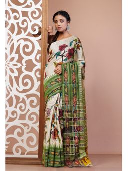 Unnati Silks - Ivory Pure Handloom Floral Printed Vidarbha Tussar Silk Saree with Unstitched Blouse