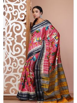 Unnati Silks - Pink and Grey Pure Handloom Floral Printed Tussar Silk Saree with Unstitched Blouse