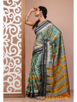 Unnati Silks - Green and Grey Pure Handloom Floral Printed Tussar Silk Saree with Unstitched Blouse
