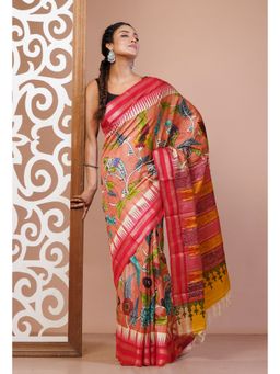 Unnati Silks - Peach and Pink Pure Handloom Printed Tussar Silk Saree with Unstitched Blouse