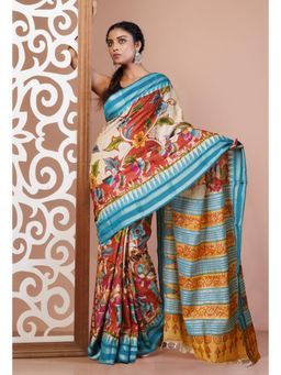 Unnati Silks - Rust Pure Handloom Printed Vidarbha Tussar Silk Saree with Unstitched Blouse