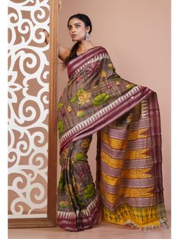 Unnati Silks - Brown Pure Handloom Floral Printed Vidarbha Tussar Silk Saree with Unstitched Blouse
