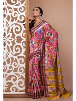 Unnati Silks - Pink and Wine Pure Handloom Floral Printed Tussar Silk Saree with Unstitched Blouse