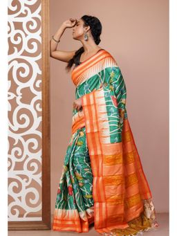 Unnati Silks - Green Pure Handloom Printed Vidarbha Tussar Silk Saree with Unstitched Blouse