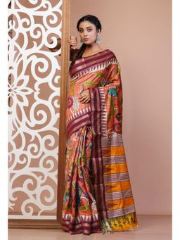 Unnati Silks - Peach and Wine Pure Handloom Printed Tussar Silk Saree with Unstitched Blouse