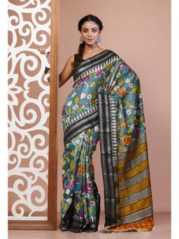 Unnati Silks - Teal Pure Handloom Floral Printed Vidarbha Tussar Silk Saree with Unstitched Blouse