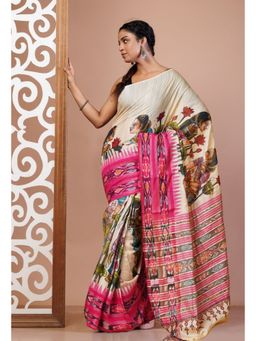 Unnati Silks - Ivory Pure Handloom Printed Vidarbha Tussar Silk Saree with Unstitched Blouse