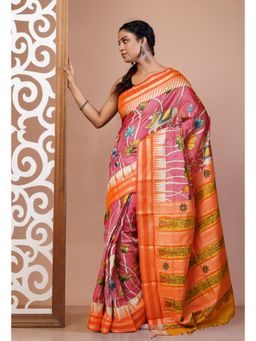 Unnati Silks - Pink and Orange Pure Handloom Floral Printed Tussar Silk Saree with Unstitched Blouse