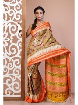 Unnati Silks - Beige Pure Handloom Printed Vidarbha Tussar Silk Saree with Unstitched Blouse