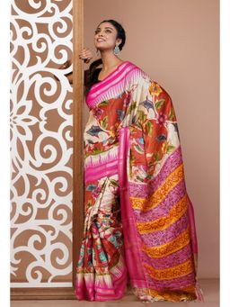 Unnati Silks - Pink Pure Handloom Printed Vidarbha Tussar Silk Saree with Unstitched Blouse