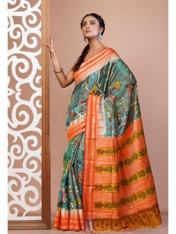 Unnati Silks - Green and Orange Pure Handloom Floral Printed Tussar Silk Saree with Unstitched Blouse
