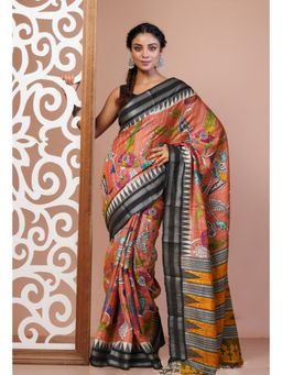 Unnati Silks - Peach and Black Pure Handloom Printed Tussar Silk Saree with Unstitched Blouse
