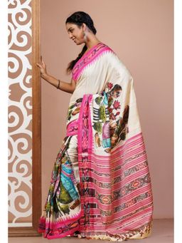 Unnati Silks - Ivory Pure Handloom Printed Vidarbha Tussar Silk Saree with Unstitched Blouse