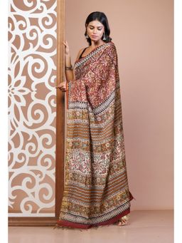Unnati Silks - Brown Pure Bagru Printed Pashmina Sico Saree with Unstitched Blouse