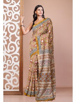 Unnati Silks - Brown Pure Bagru Floral Printed Pashmina Sico Saree with Unstitched Blouse