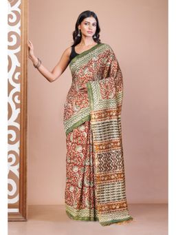 Unnati Silks - Red Pure Bagru Printed Pashmina Sico Saree with Unstitched Blouse