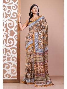 Unnati Silks - Women Brown Pure Bagru Printed Pashmina Sico Saree with Unstitched Blouse