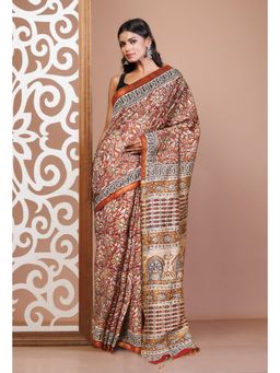 Unnati Silks - Brown Pure Bagru Printed- Tassels Pashmina Sico Saree with Unstitched Blouse