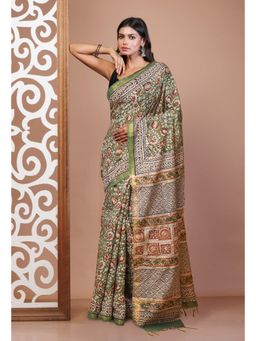 Unnati Silks - Green Pure Bagru Printed Pashmina Sico Saree with Unstitched Blouse