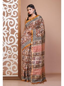 Unnati Silks - Brown Pure Bagru Floral Printed Pashmina Sico Saree with Unstitched Blouse