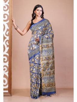 Unnati Silks - Blue Pure Bagru Printed Pashmina Sico Saree with Unstitched Blouse