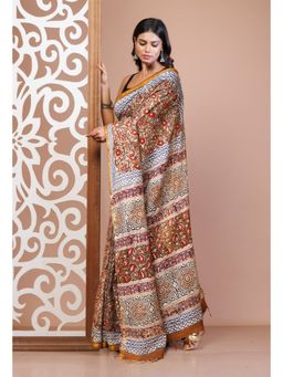 Unnati Silks - Women Brown Pure Bagru Printed Pashmina Sico Saree with Unstitched Blouse