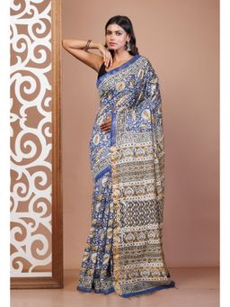 Unnati Silks - Blue Pure Bagru Printed- Tassels Pashmina Sico Saree with Unstitched Blouse
