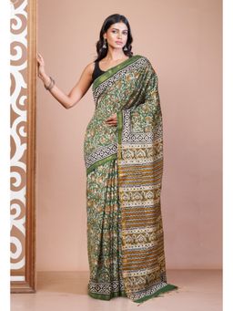 Unnati Silks - Green Pure Bagru Printed- Tassels Pashmina Sico Saree with Unstitched Blouse