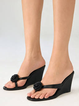 Twenty Dresses by Nykaa Fashion - Women Black One Toe Slipon Wedge Heel With Corsage Detail