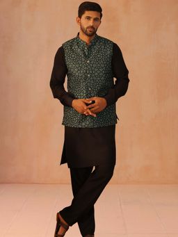 Jompers - Teal Men's Patterned Nehru Jacket with Kurta and Pyjama