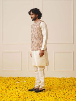 Jompers - Brown Men's Embroidred Nehru Jacket with Solid Kurta Pyjama.
