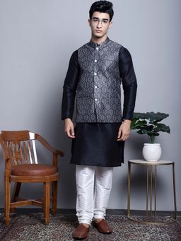 Jompers - Black Men's Printed Nehru Jacket with Kurta Pyjama