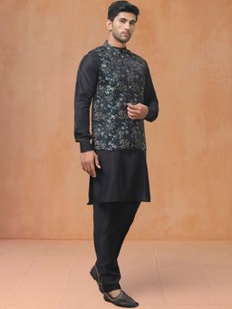 Jompers - Teal Men's Embroidered Nehru Jacket With Solid Kurta Pyjama