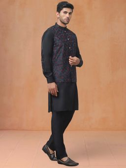 Jompers - Multi Color Men's Embroidered Nehru Jacket With Solid Kurta Pyjama