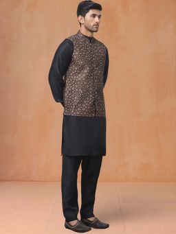 Jompers - Brown Men's Patterned Nehru Jacket With Kurta and Pyjama