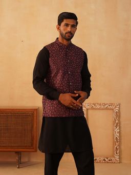 Jompers - Maroon Men's Printed Nehru Jacket with Solid Kurta Pyjama