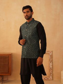 Jompers - Teal Men's Printed Nehru Jacket with Solid Kurta Pyjama
