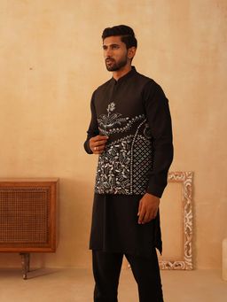 Jompers - Black Embroidered Nehru Jacket with Solid Kurta Pyjama