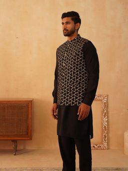 Jompers - Black Embroidered Nehru Jacket with Solid Kurta Pyjama
