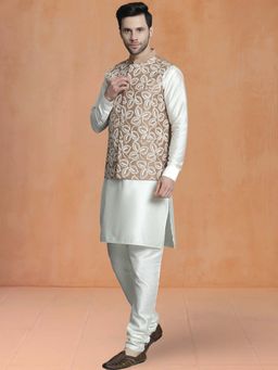 Jompers - Brown Men's Embroidered Nehru Jacket With Solid Kurta Pyjama.