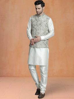 Jompers - Green Men's Embroidered Nehru Jacket With Solid Kurta Pyjama.