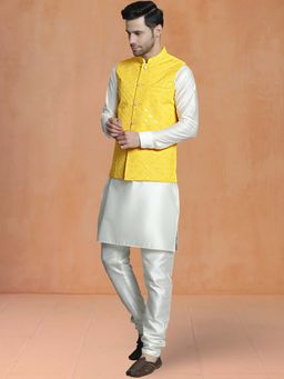 Jompers - Yellow Men's Sequins and Embroidered Nehru Jacket With Solid Kurta Pyjama