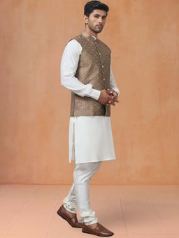 Jompers - Brown Men's Bronze Silk Blend Nehru Jacket with Solid Kurta Pyjama