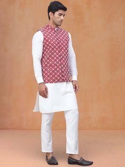 Jompers - Maroon Embroidered Nehru Jacket With Solid Kurta Pyjama