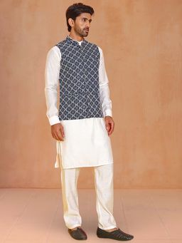 Jompers - Blue Embroidered Nehru Jacket With Solid Kurta Pyjama