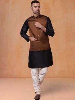 Jompers - Brown Men's Silk Blend Nehru Jacket with Black Kurta and Pyjama