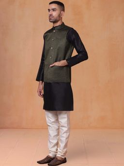 Jompers - Olive Men's Silk Blend Nehru Jacket with Black Kurta and Pyjama